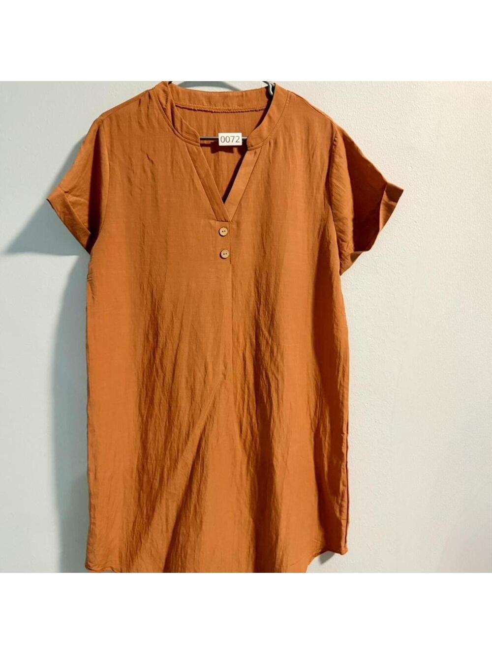 SHEIN Rust Orange Short Sleeve V-Neck Button Shift Dress